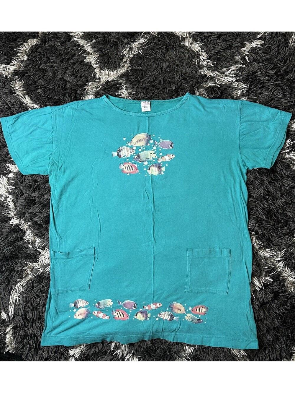 Vintage 90s Casual Expressions Fish Graphic T Shirt Dress Pockets OSFM Teal